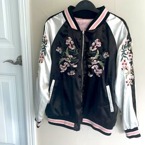 Reversible Satin Bomber Jacket, size S/M pink black white with embroidery